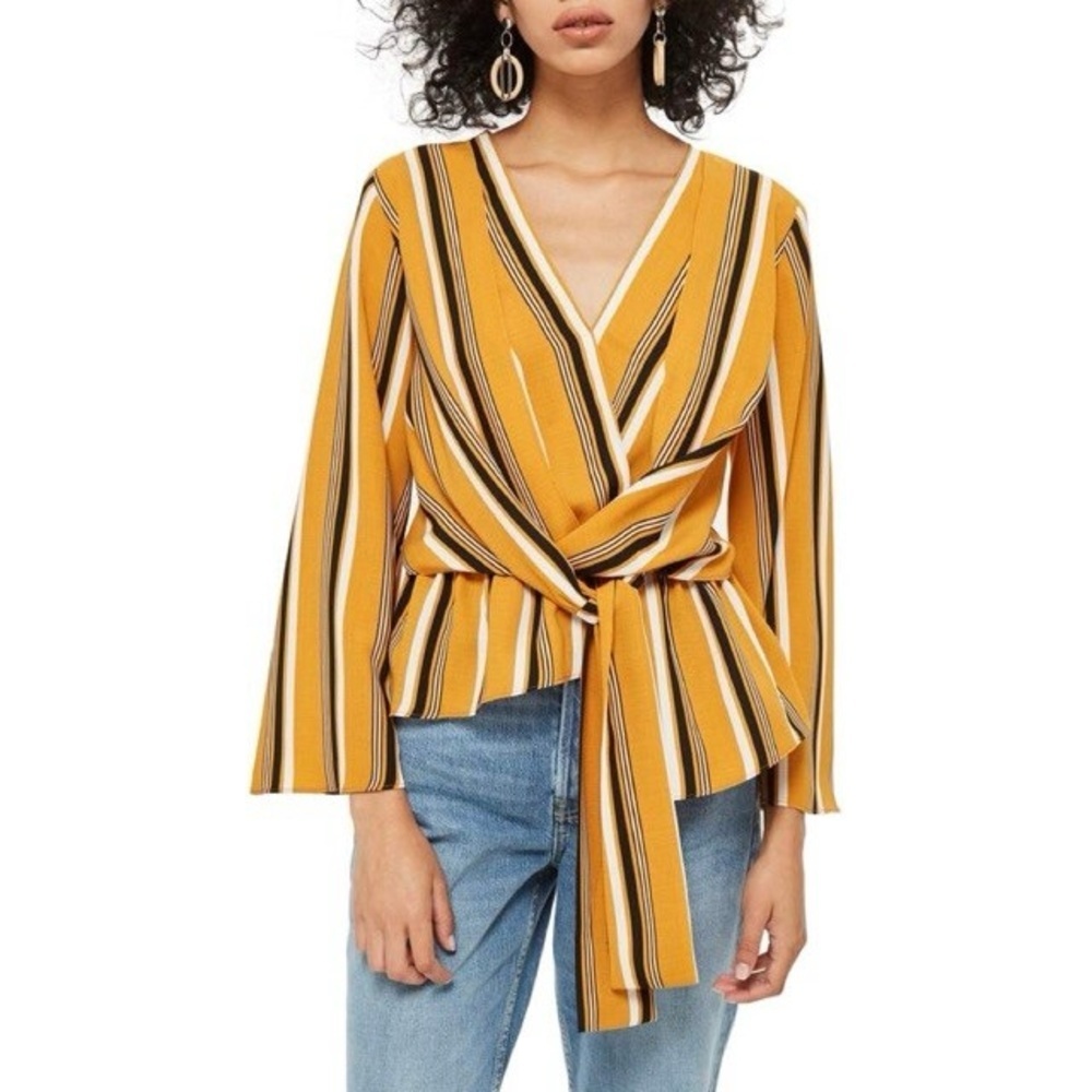 Topshop Mustard and Black Striped Wrap Tie Blouse Size 6 Small